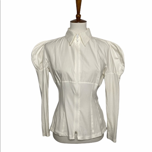 Anne Fontaine Tops - Anne Fontaine Size 42 White Zip up Blouse Puff Sle